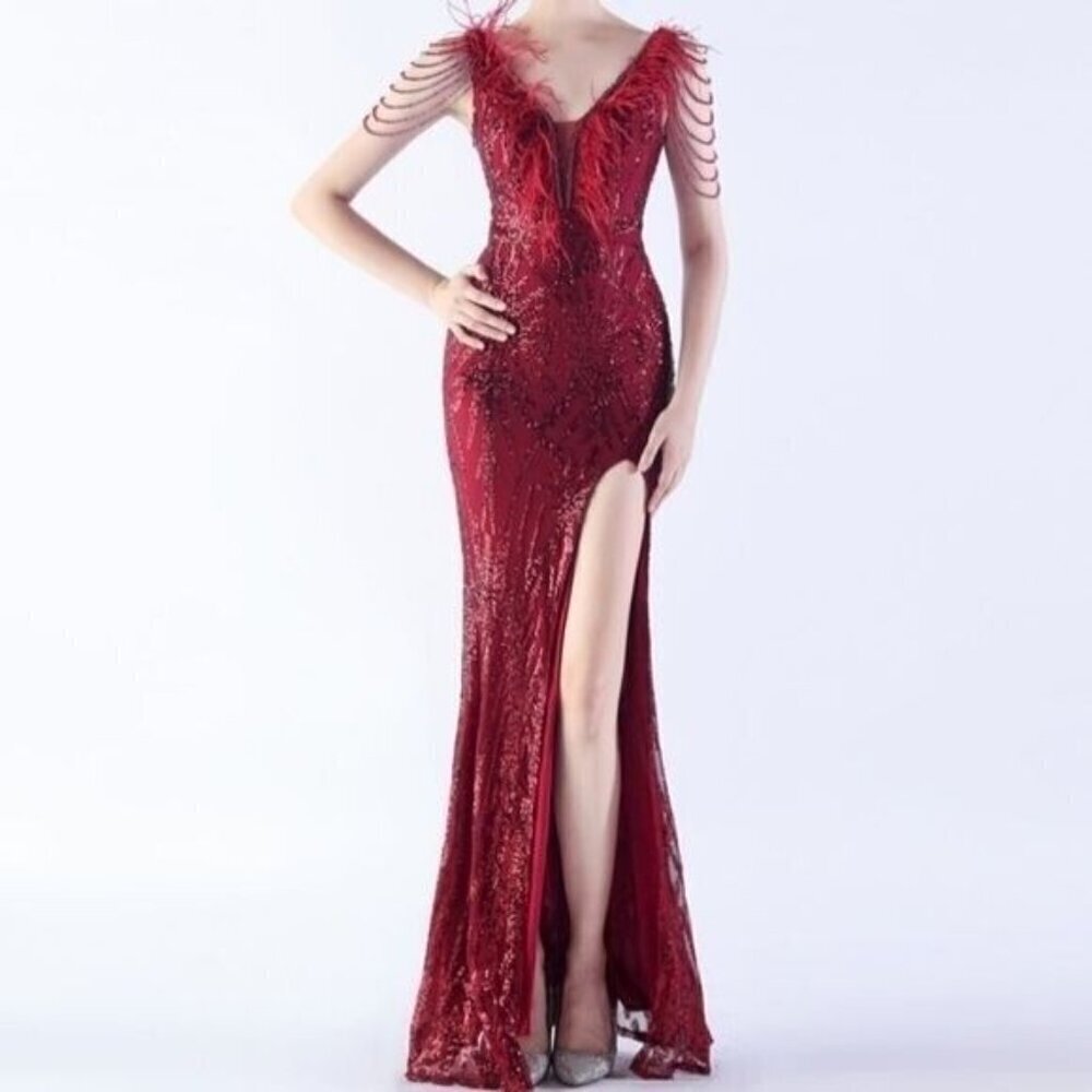 Red, Geo Print,  Ostrich Feather V Neck,  Beaded Sleeves, Sequined Mermaid Gown